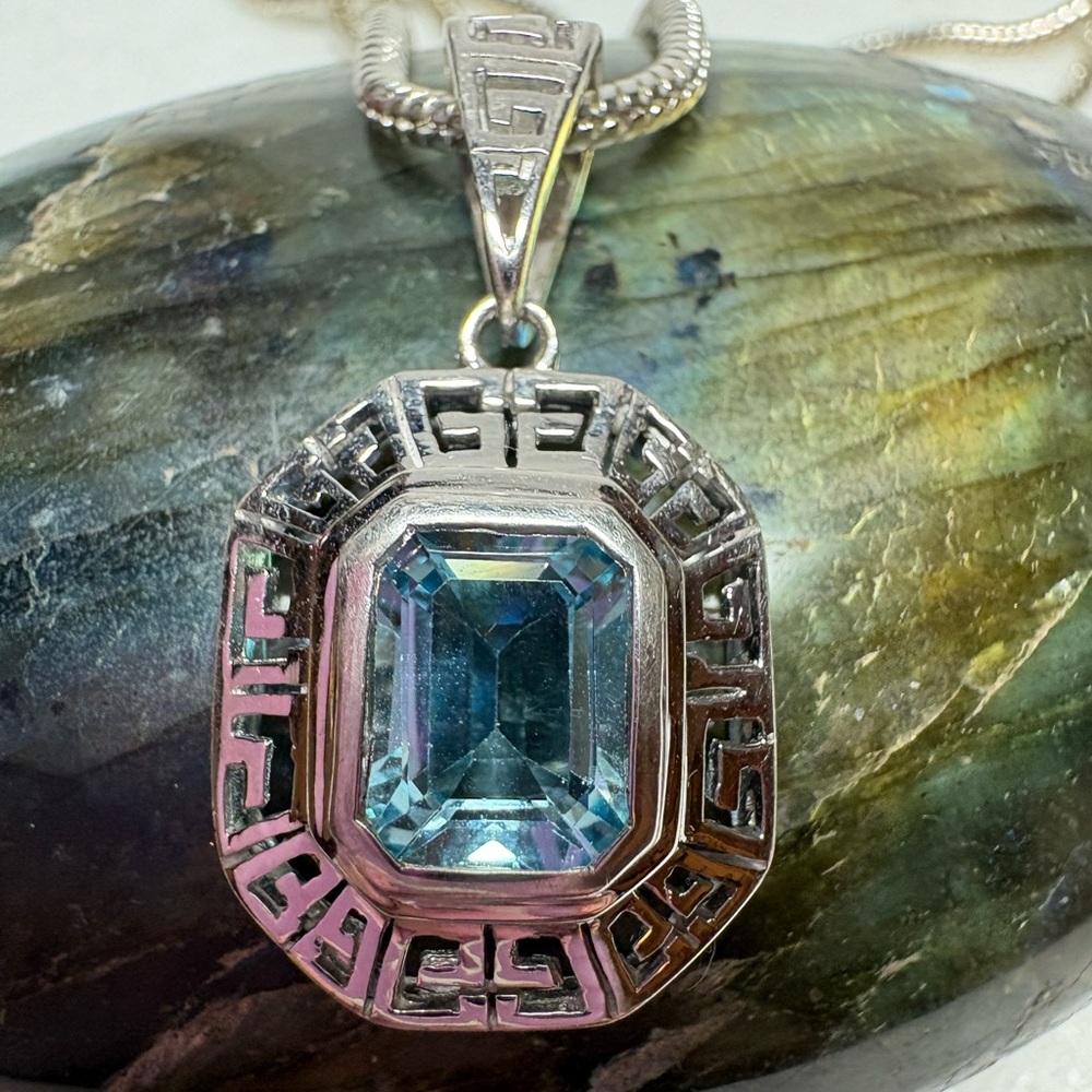 Sterling Silver Genuine Emerald-cut Faceted Blue Topaz Pendant